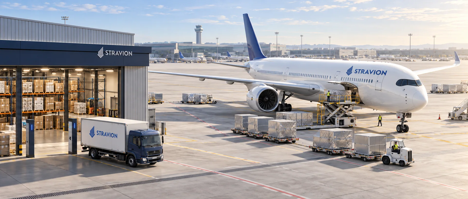 Photoreal supply chain scene: a Stravion-branded warehouse with stocked racking and RFID reader posts at its entrance, a Stravion truck at the dock, unit load devices on the apron, and a Stravion aircraft being loaded through its cargo door, with an airport beyond.
